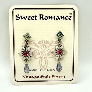 Sweet Romance Vintage Style Floral Dangle Earrings | Silver Tone Crystal